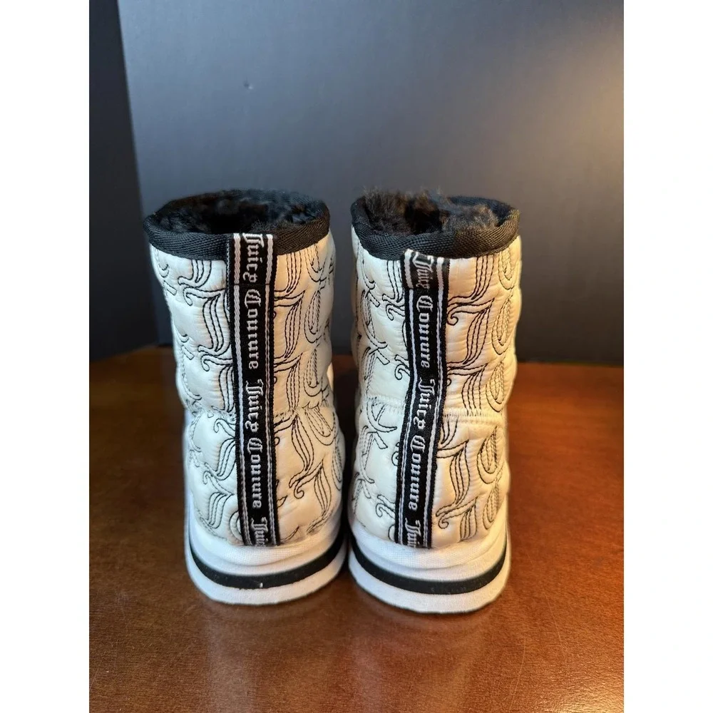 Juicy Couture Winter Boots – White/Black Monogram Print Cozy Faux Fur Lined